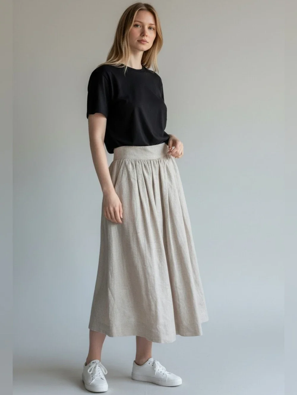 Vintage The Talbots 100% Linen Midi Skirt Womens Size 8 Beige Pleated USA Made